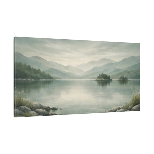 Main Mockup. Nature Mountain Lake Misty Green Landscape shown as stretched canvas wall art