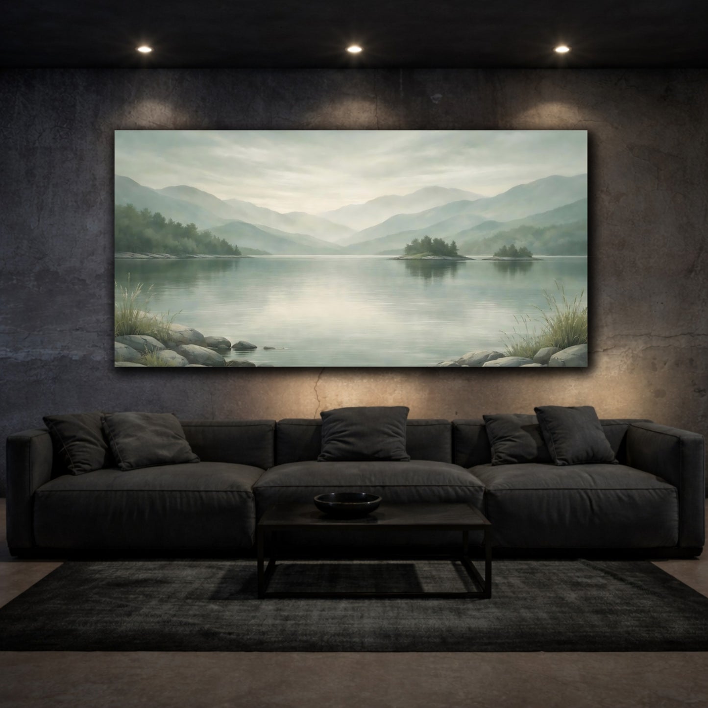 Mockup 2. Nature Mountain Lake Misty Green Landscape shown as stretched canvas wall art