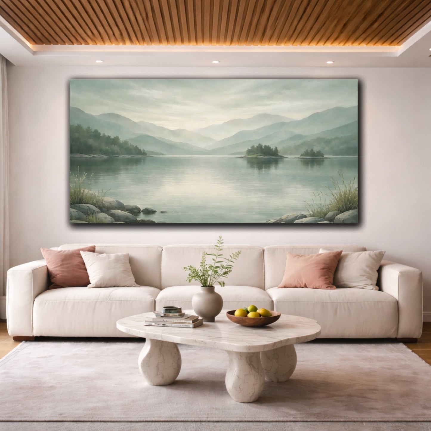 Mockup 3. Nature Mountain Lake Misty Green Landscape shown as stretched canvas wall art
