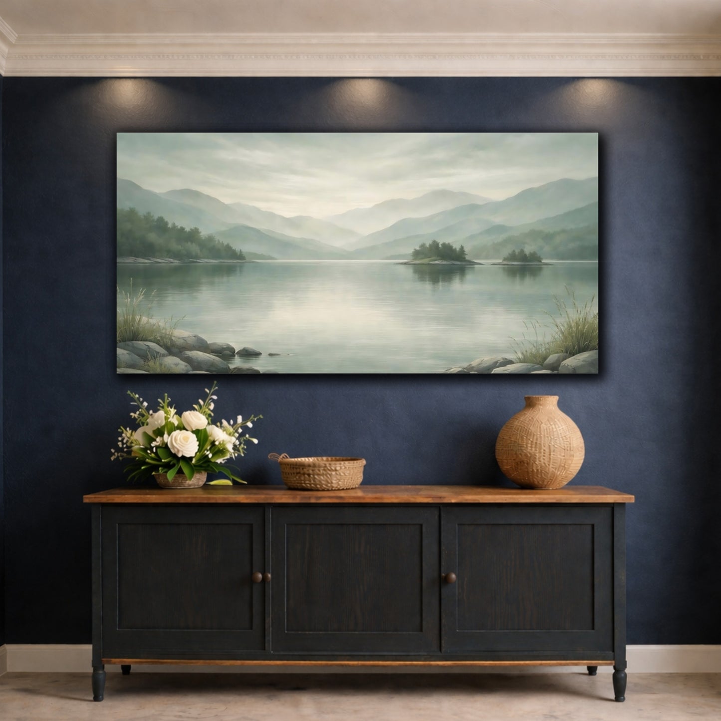 Mockup 4. Nature Mountain Lake Misty Green Landscape shown as stretched canvas wall art