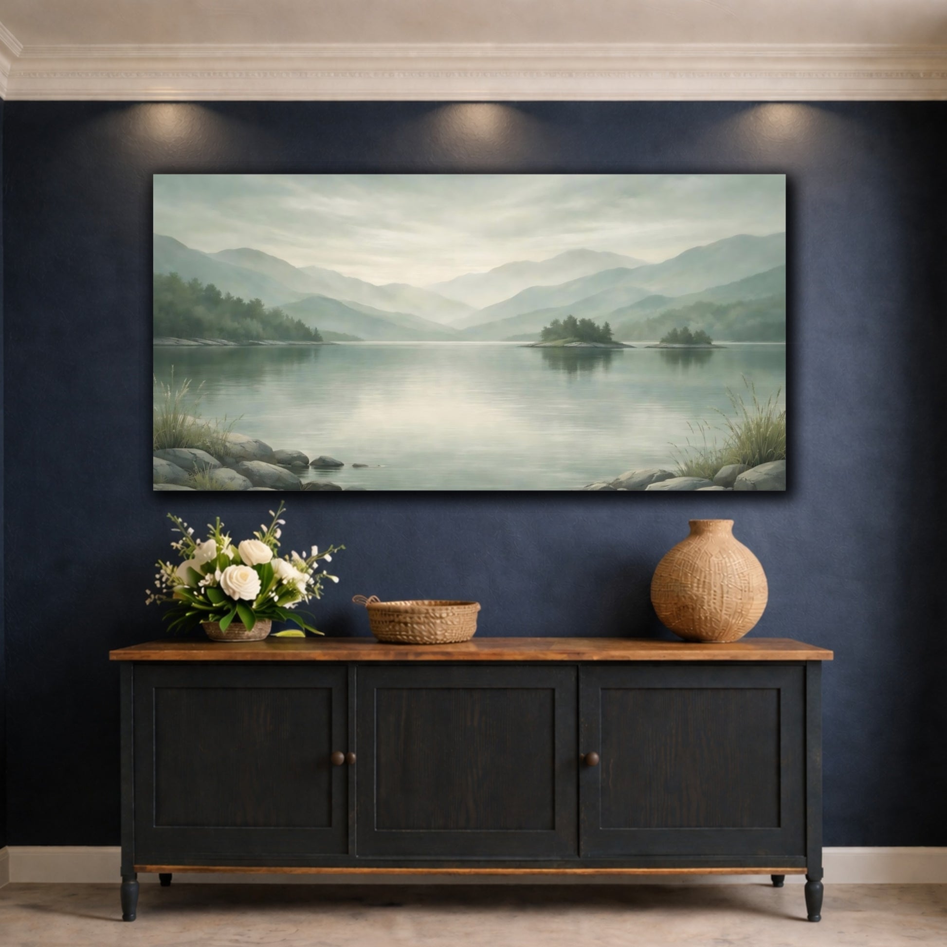 Mockup 4. Nature Mountain Lake Misty Green Landscape shown as stretched canvas wall art