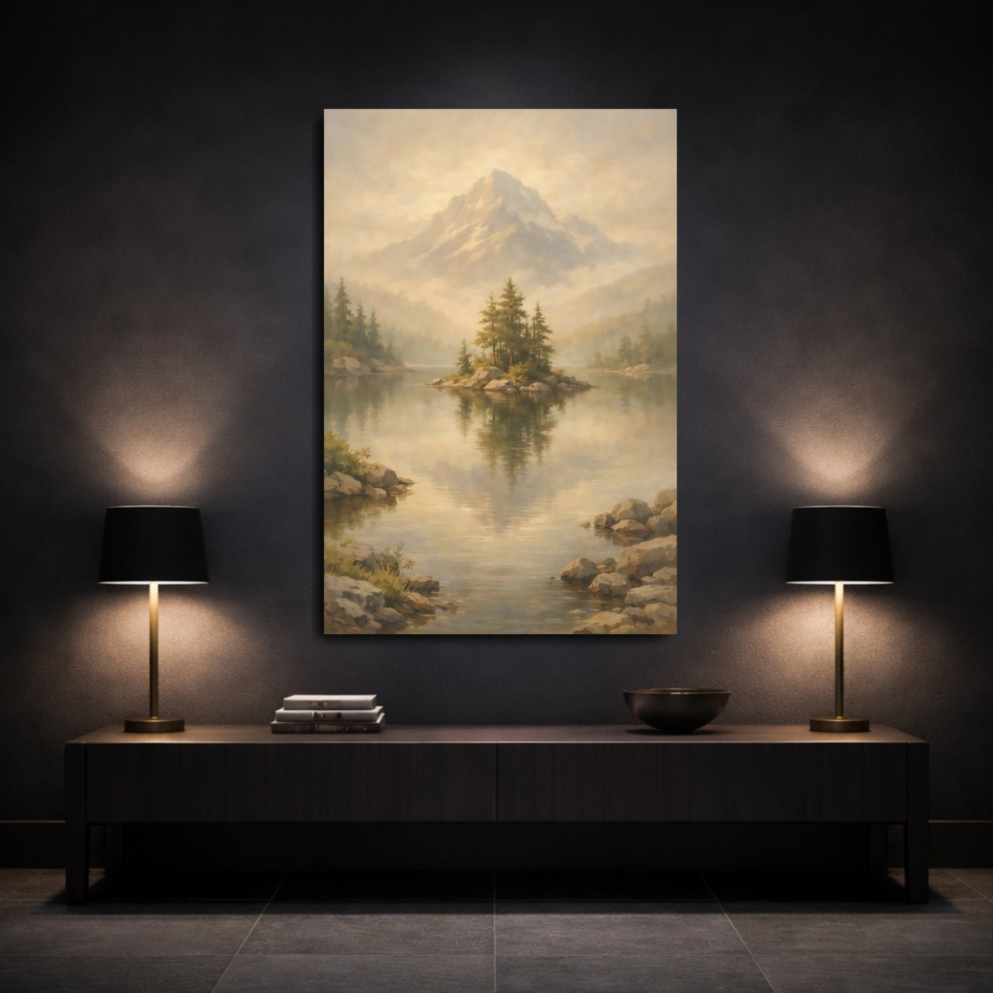 Mockup 2. Nature Mountain Lake Misty Landscape shown as stretched canvas wall art