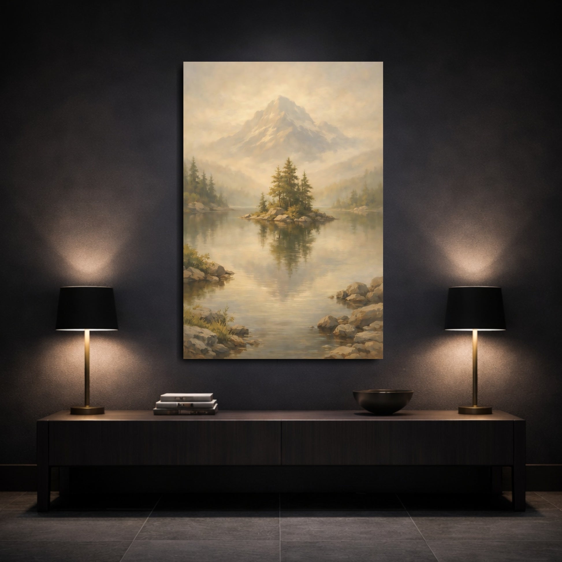 Mockup 2. Nature Mountain Lake Misty Landscape shown as stretched canvas wall art