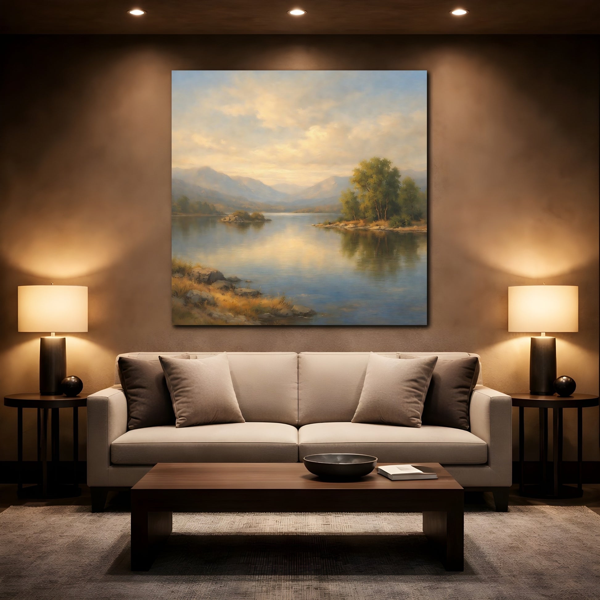 Mockup 2. Nature Mountain Lake Misty Landscape shown as stretched canvas wall art