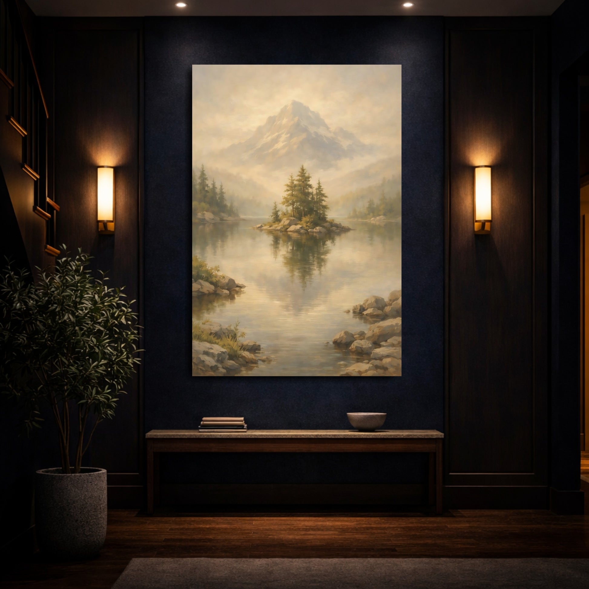 Mockup 3. Nature Mountain Lake Misty Landscape shown as stretched canvas wall art