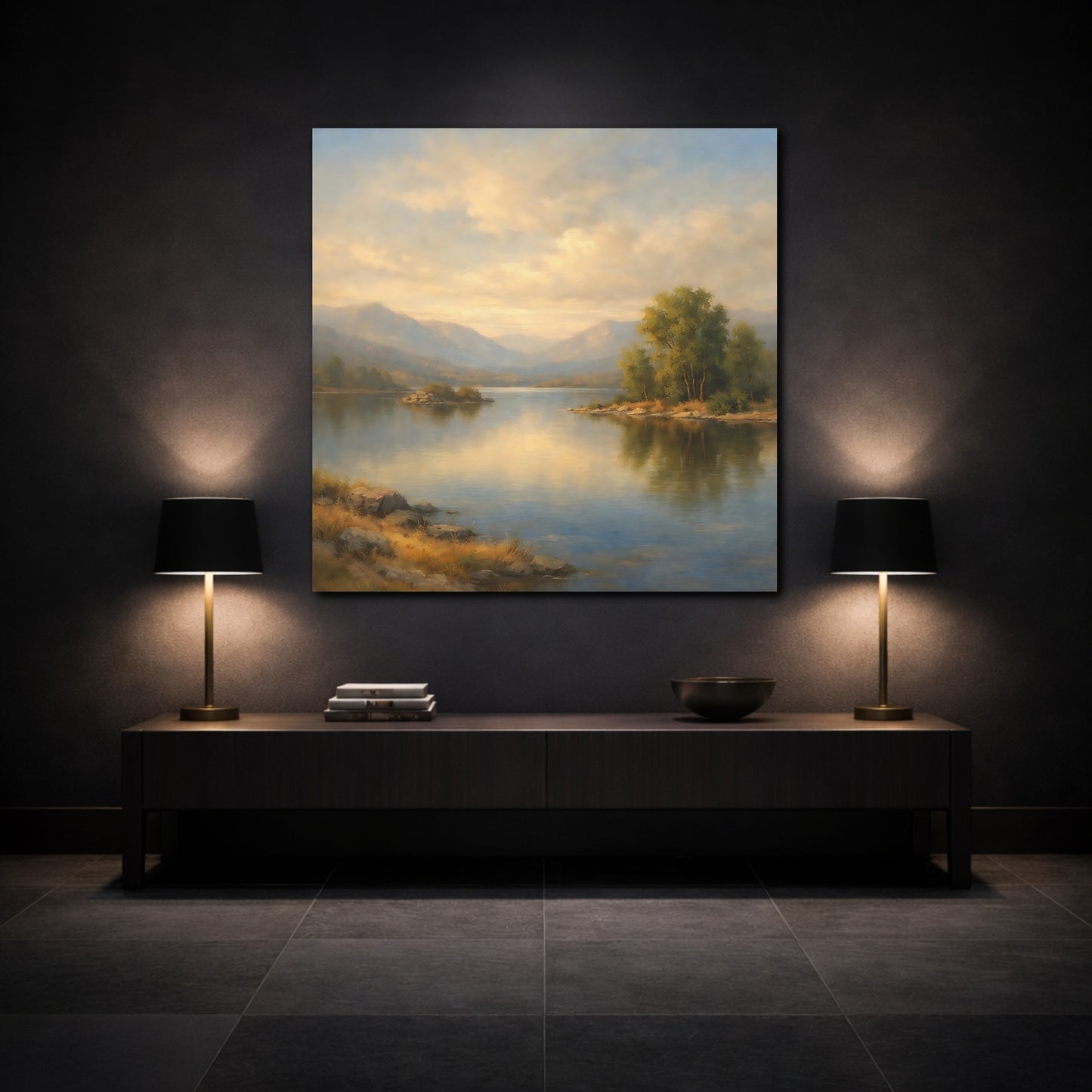 Mockup 3. Nature Mountain Lake Misty Landscape shown as stretched canvas wall art