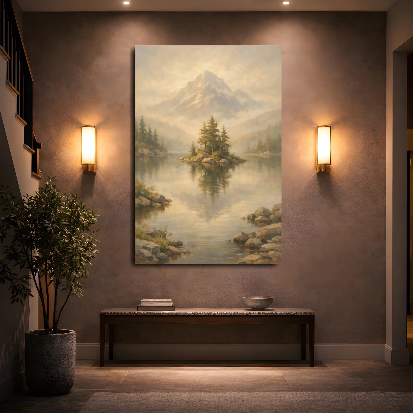 Mockup 4. Nature Mountain Lake Misty Landscape shown as stretched canvas wall art