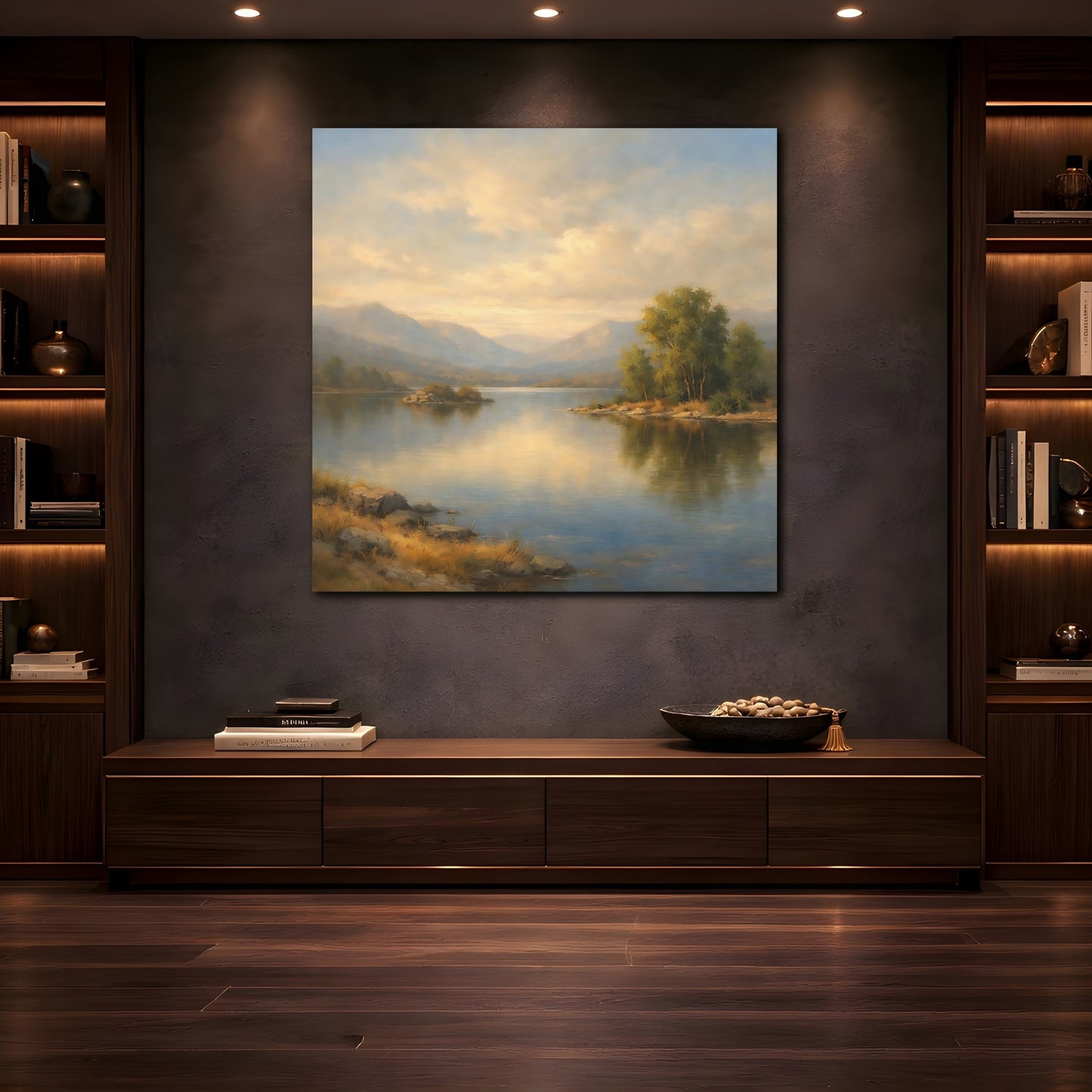 Mockup 4. Nature Mountain Lake Misty Landscape shown as stretched canvas wall art