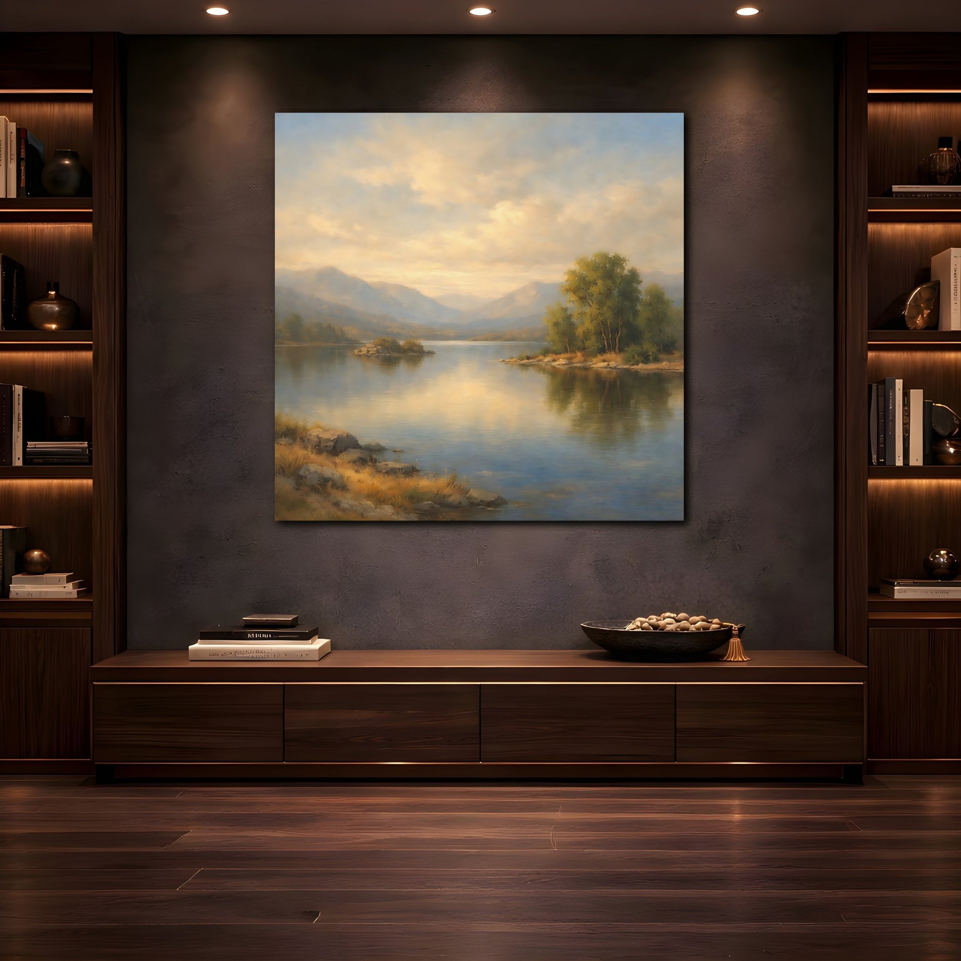 Mockup 4. Nature Mountain Lake Misty Landscape shown as stretched canvas wall art