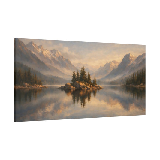 Main Mockup. Nature Mountain Lake Misty Mountain Lake shown as stretched canvas wall art