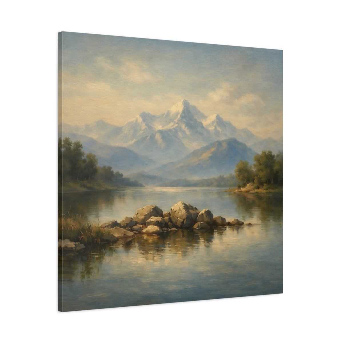 Main Mockup. Nature Mountain Lake Misty Mountain Lake shown as stretched canvas wall art