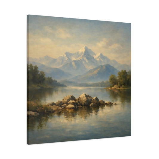 Main Mockup. Nature Mountain Lake Misty Mountain Lake shown as stretched canvas wall art
