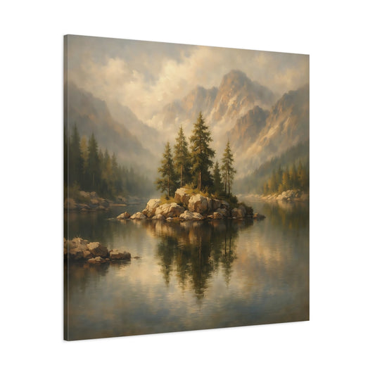 Main Mockup. Nature Mountain Lake Misty Mountain Lake shown as stretched canvas wall art