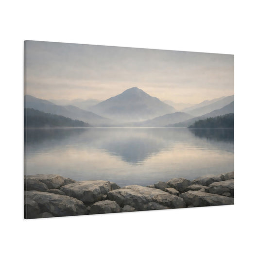 Main Mockup. Nature Mountain Lake Misty Mountain Lake shown as stretched canvas wall art