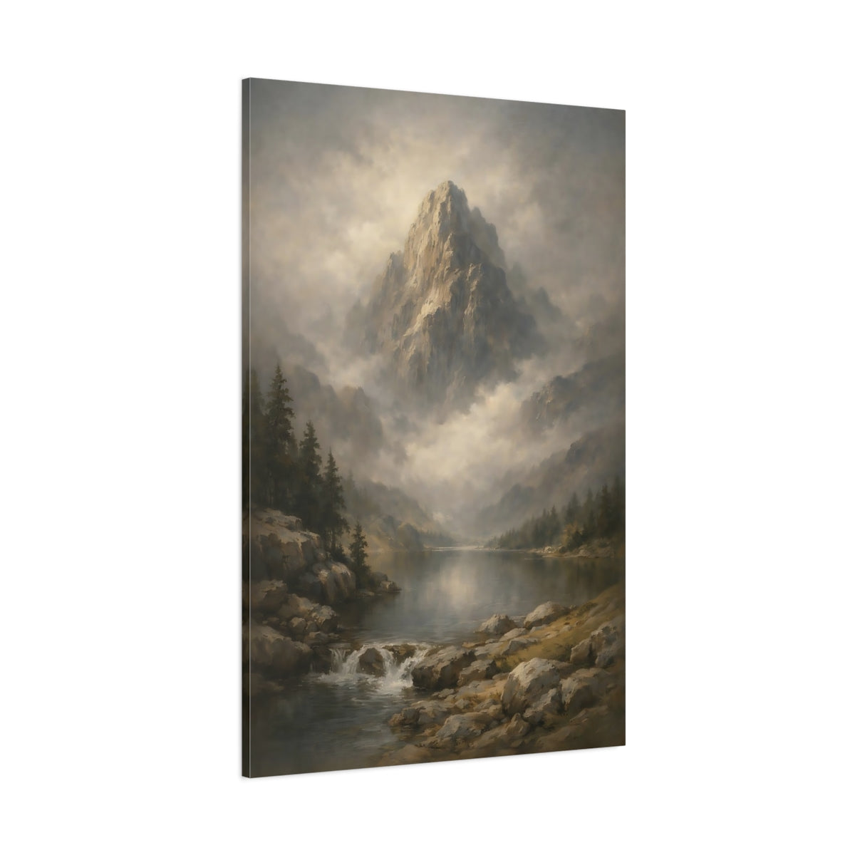 Main Mockup. Nature Mountain Lake Misty Mountain Lake shown as stretched canvas wall art