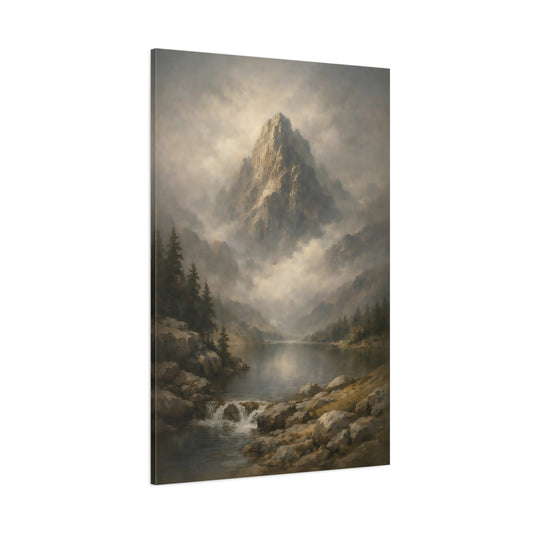 Main Mockup. Nature Mountain Lake Misty Mountain Lake shown as stretched canvas wall art