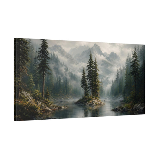 Main Mockup. Nature Mountain Lake Misty Mountain Lake shown as stretched canvas wall art