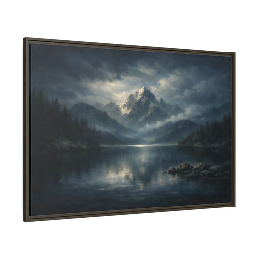 Main Mockup. Nature Mountain Lake Misty Mountain Lake shown as stretched canvas wall art