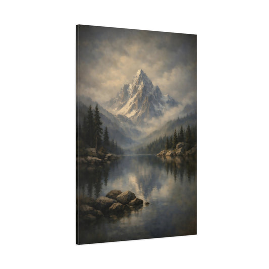 Main Mockup. Nature Mountain Lake Misty Mountain Lake shown as stretched canvas wall art