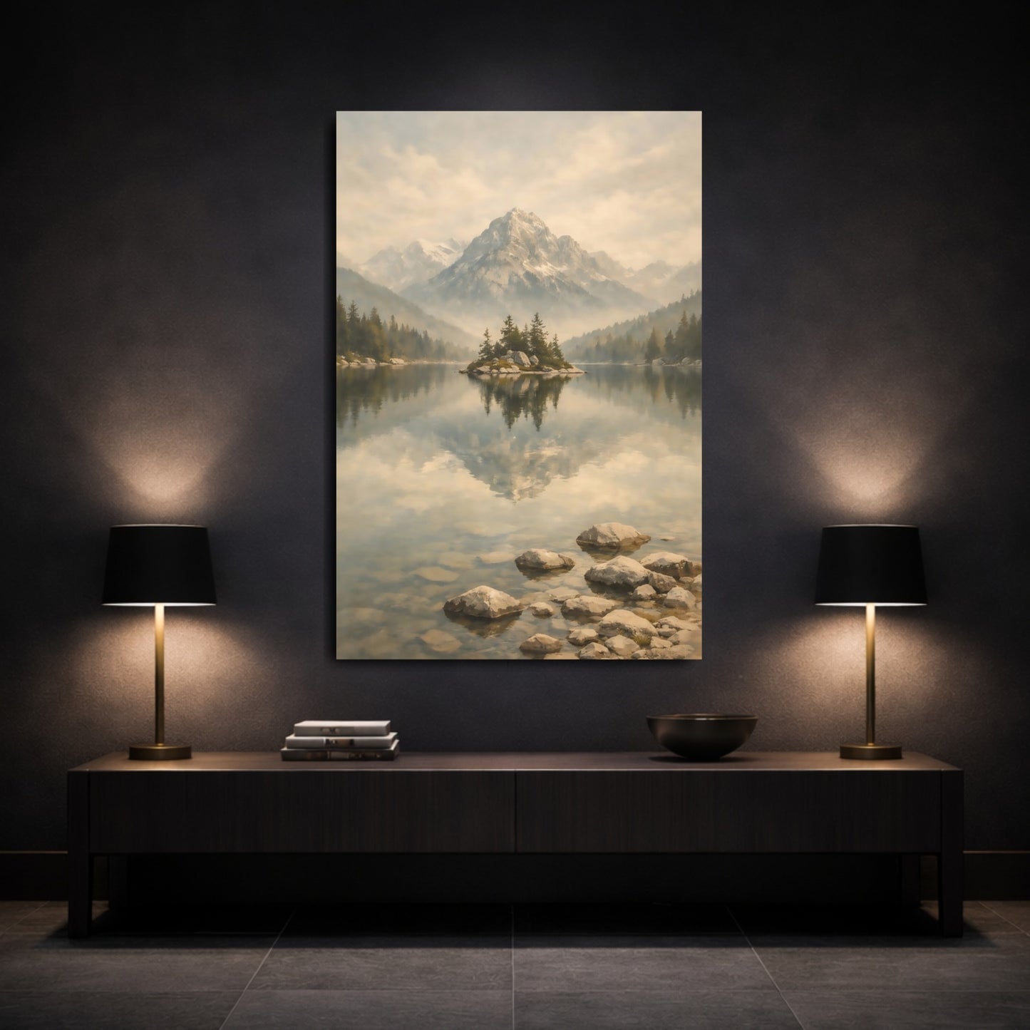 Nature Mountain Lake Misty Mountain Lake shown as front canvas room wall art