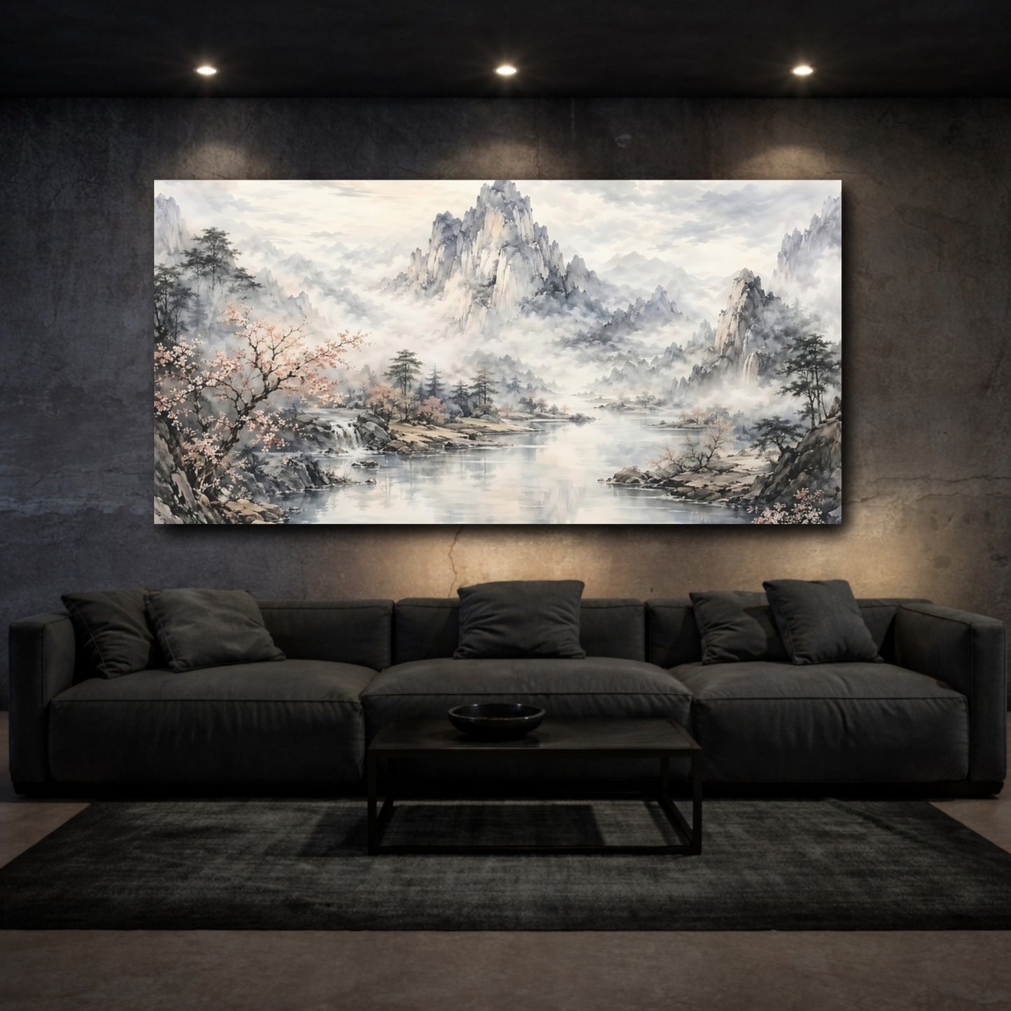 Mockup 2. Nature Mountain Lake Misty Mountain Lake shown as stretched canvas wall art