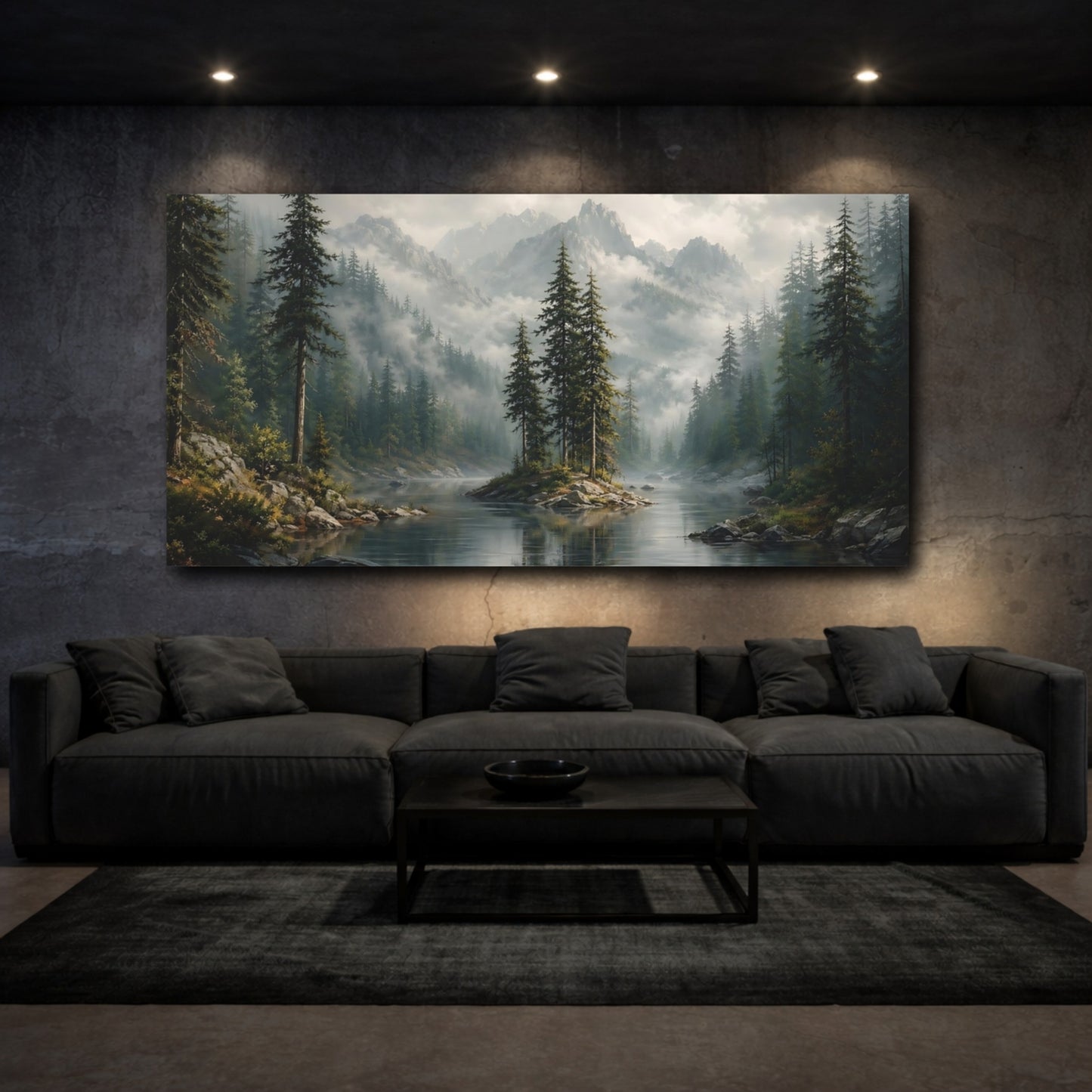 Mockup 2. Nature Mountain Lake Misty Mountain Lake shown as stretched canvas wall art