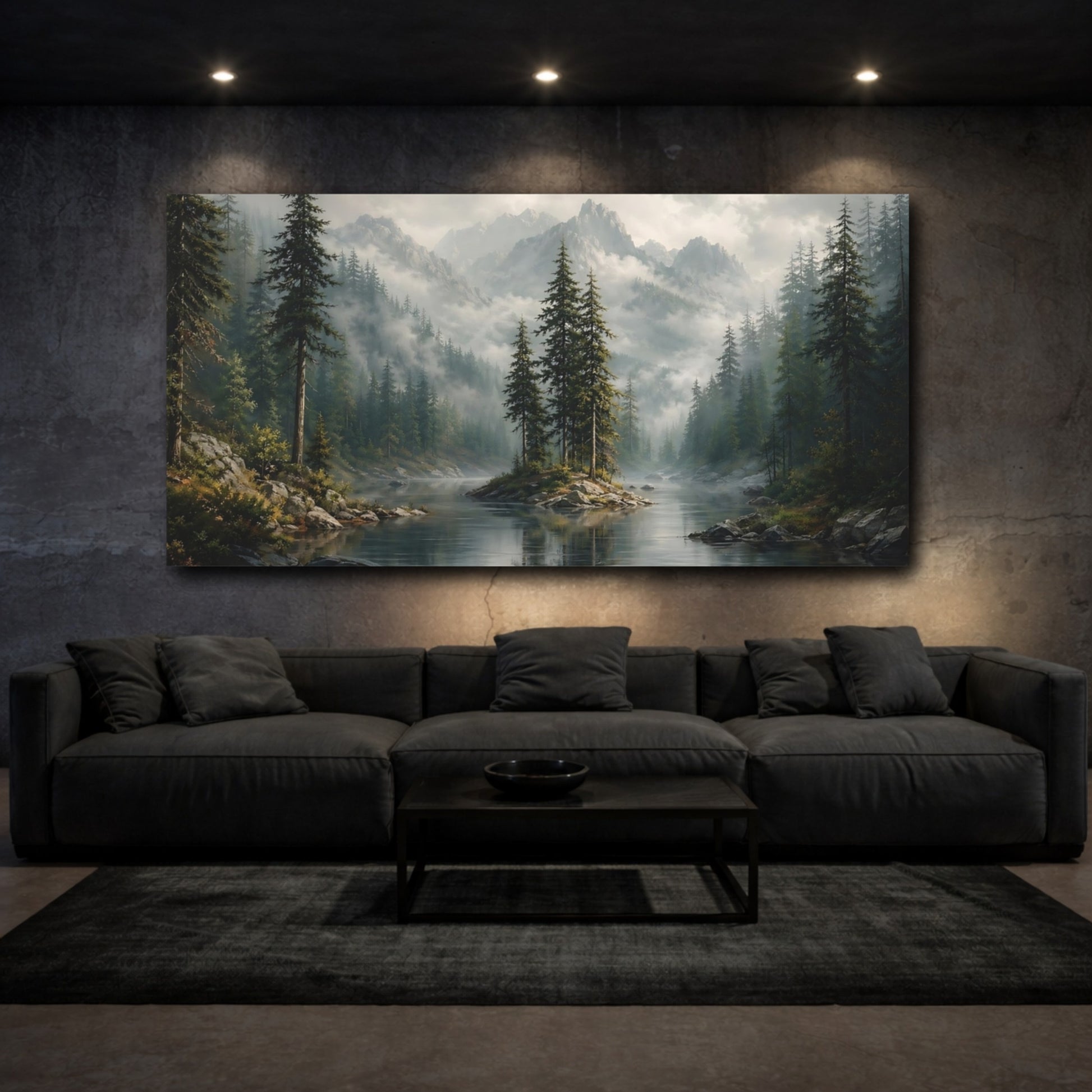 Mockup 2. Nature Mountain Lake Misty Mountain Lake shown as stretched canvas wall art