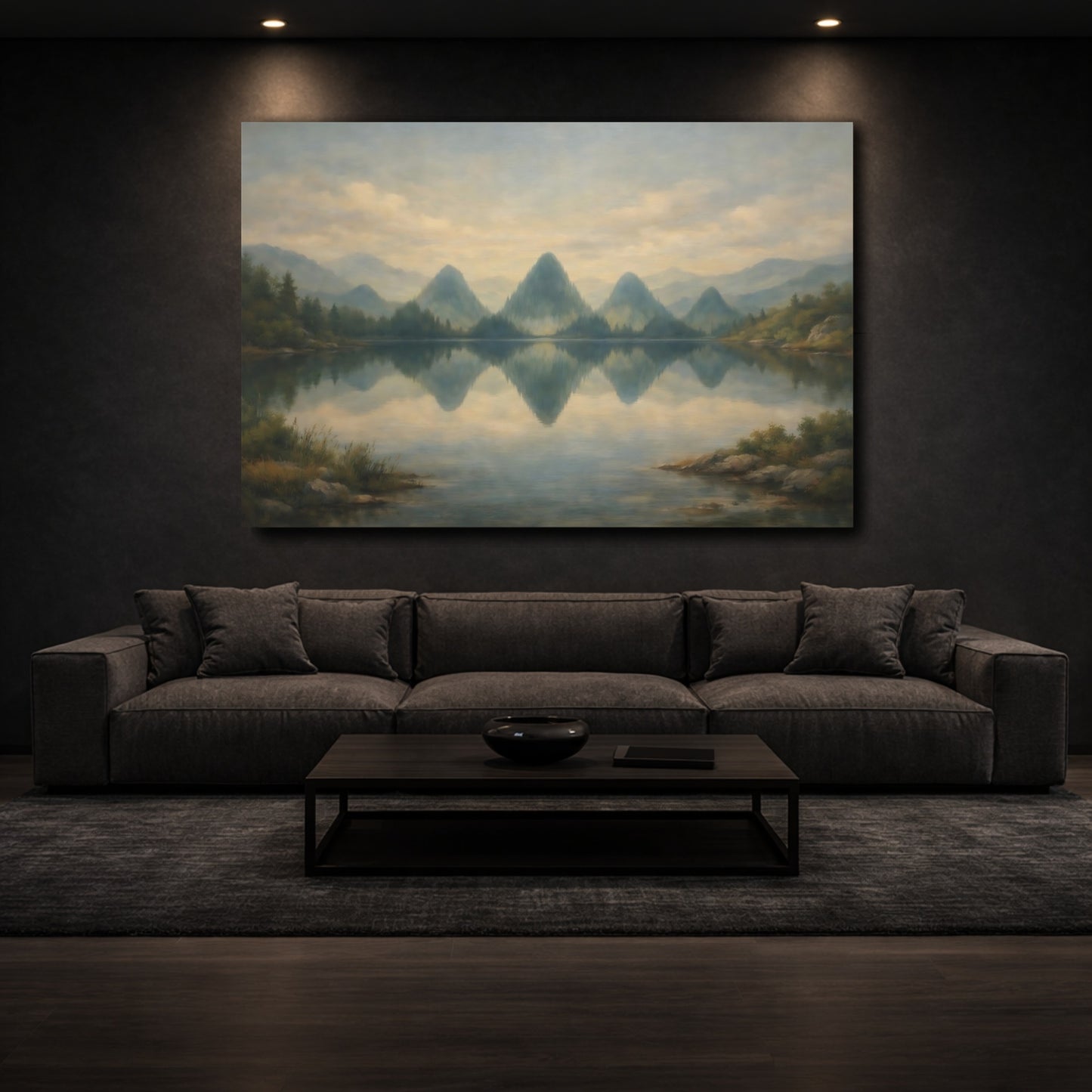 Mockup 2. Nature Mountain Lake Misty Mountain Lake shown as stretched canvas wall art