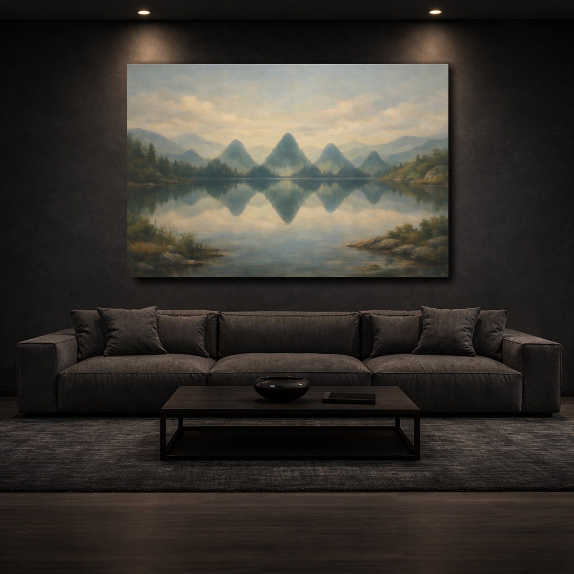 Mockup 2. Nature Mountain Lake Misty Mountain Lake shown as stretched canvas wall art