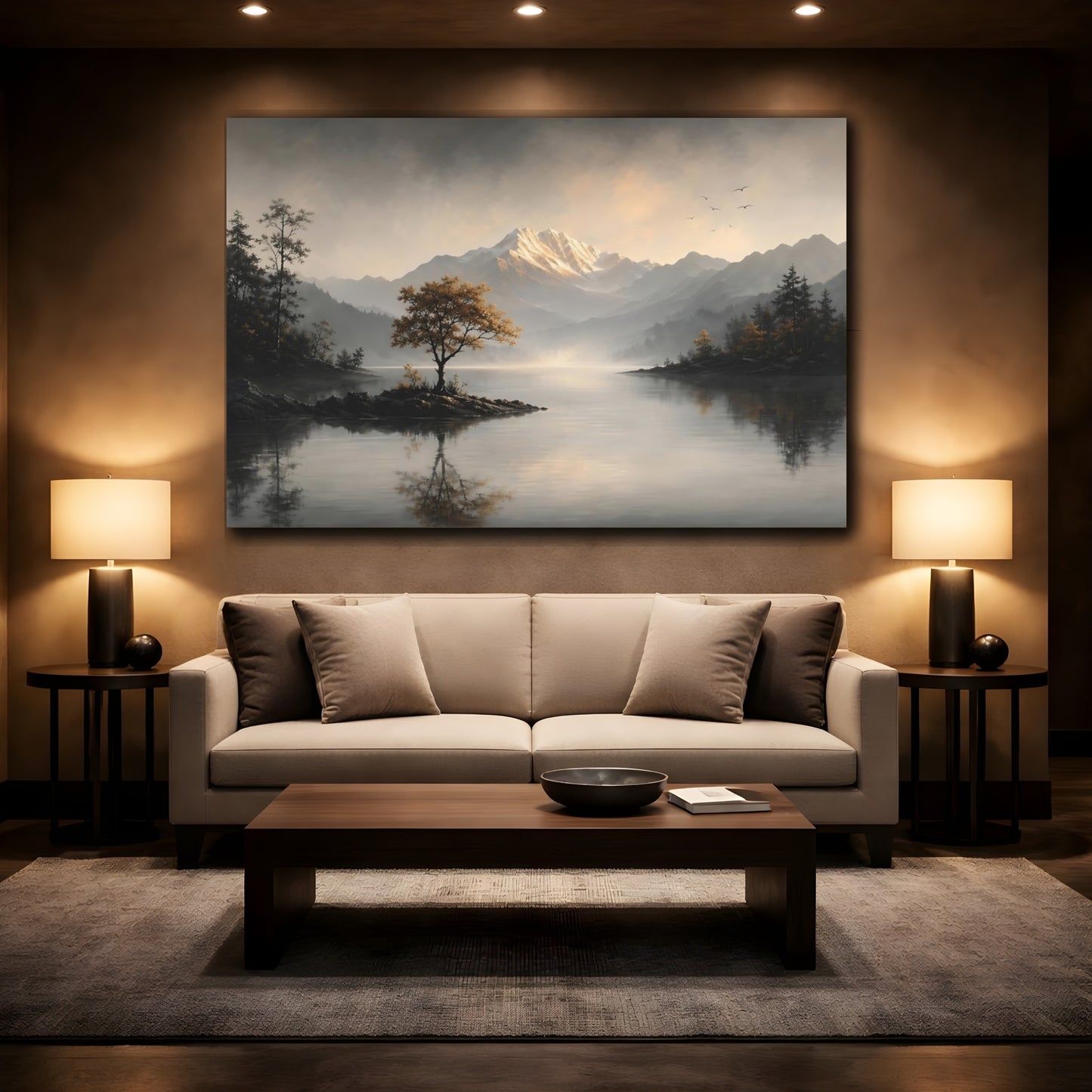 Mockup 2. Nature Mountain Lake Misty Mountain Lake shown as stretched canvas wall art