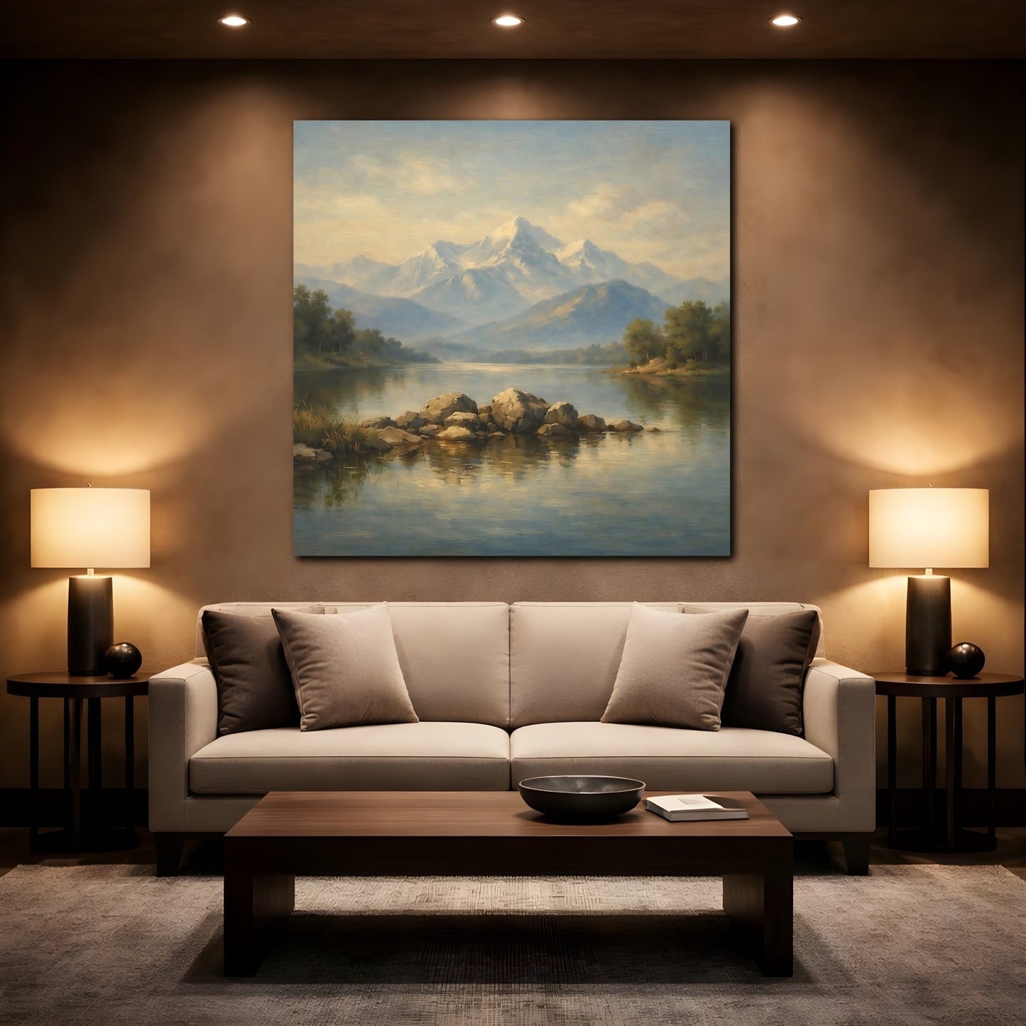 Mockup 2. Nature Mountain Lake Misty Mountain Lake shown as stretched canvas wall art