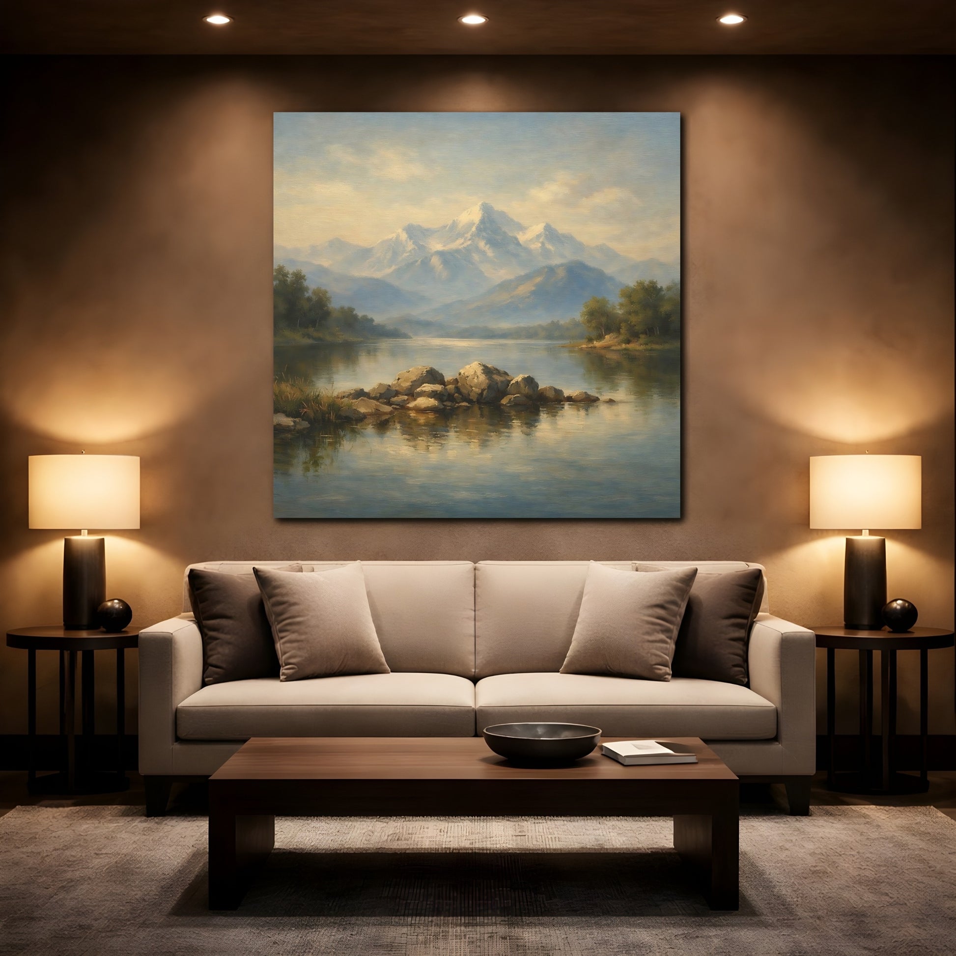 Mockup 2. Nature Mountain Lake Misty Mountain Lake shown as stretched canvas wall art