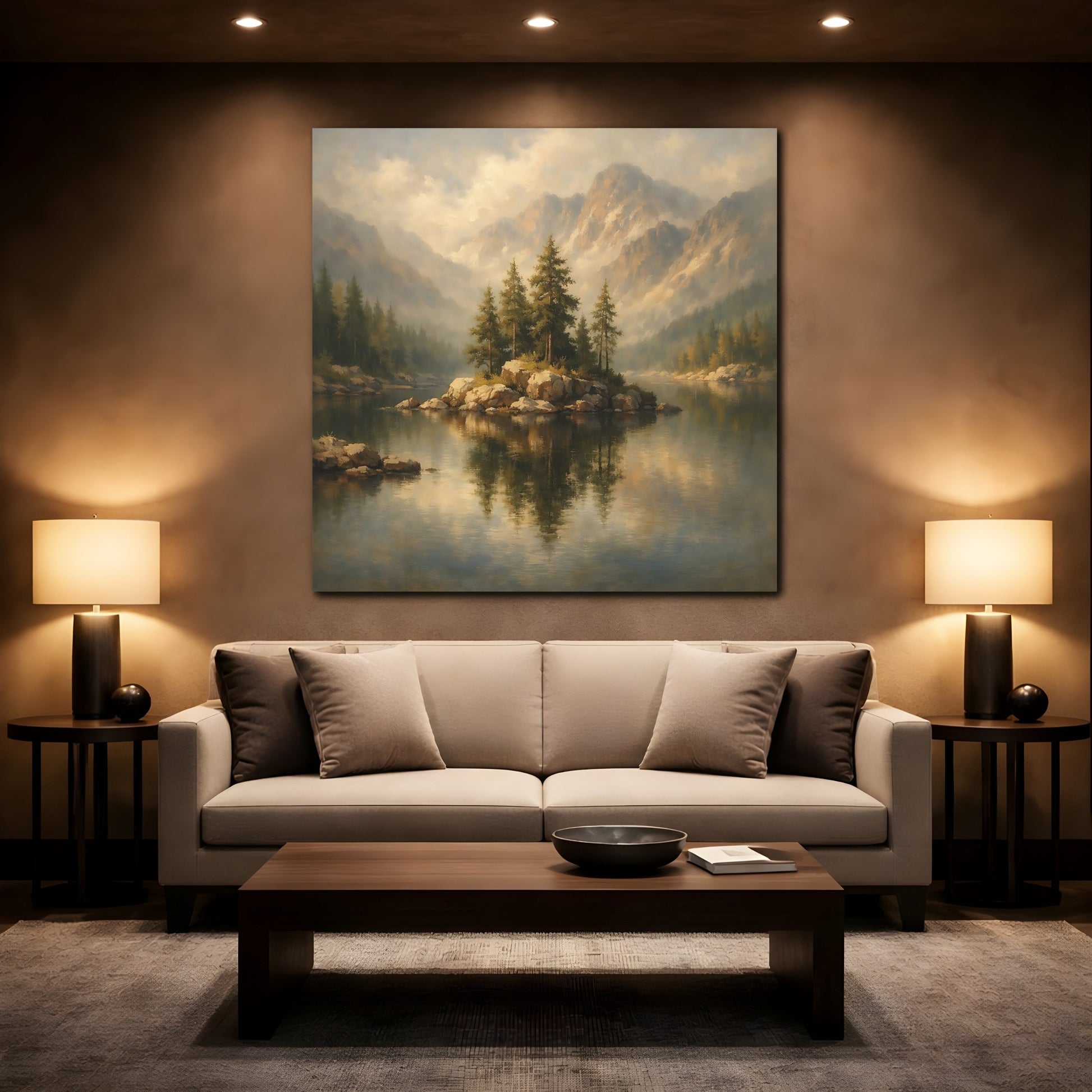 Mockup 2. Nature Mountain Lake Misty Mountain Lake shown as stretched canvas wall art