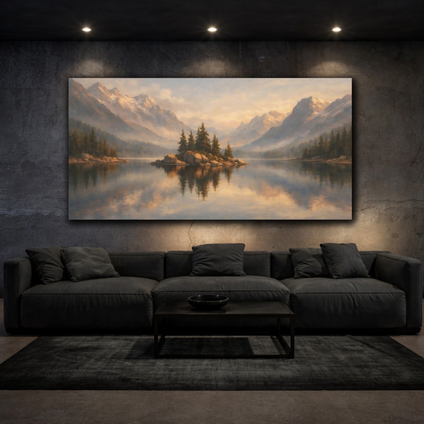 Mockup 2. Nature Mountain Lake Misty Mountain Lake shown as stretched canvas wall art