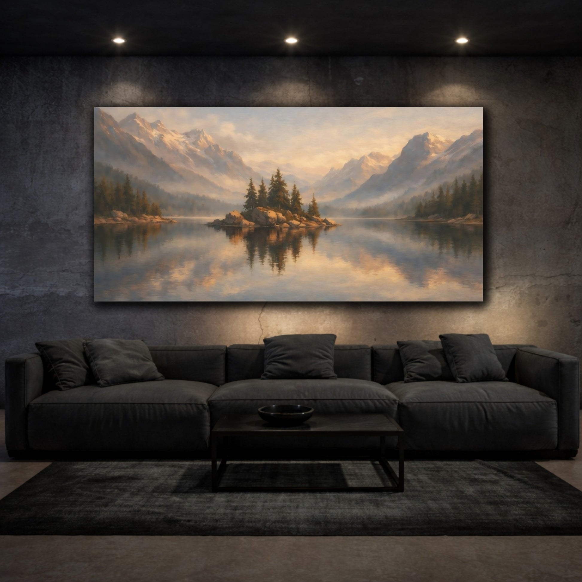 Mockup 2. Nature Mountain Lake Misty Mountain Lake shown as stretched canvas wall art