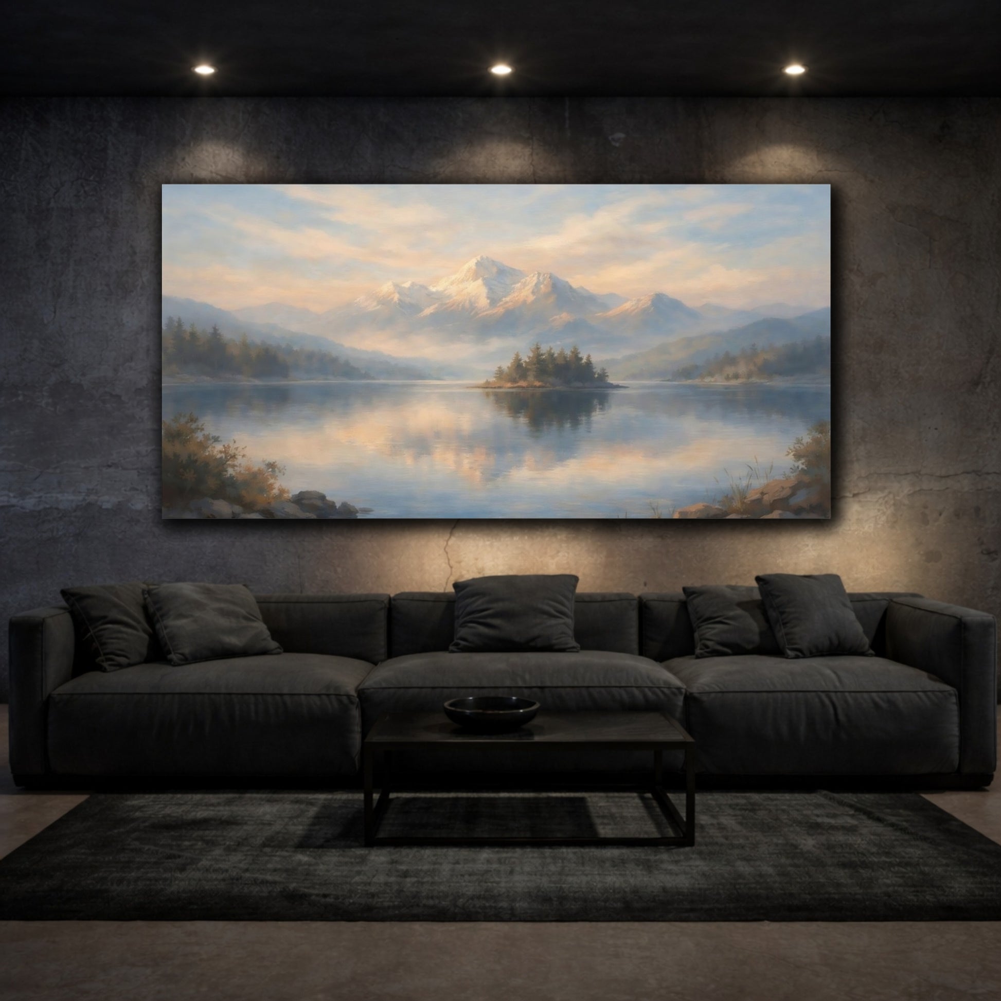 Mockup 2. Nature Mountain Lake Misty Mountain Lake shown as stretched canvas wall art