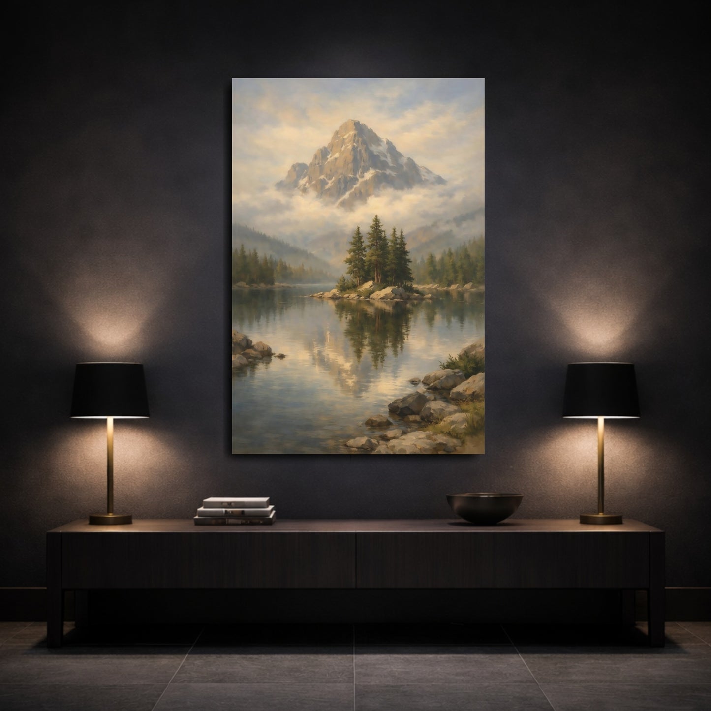Mockup 2. Nature Mountain Lake Misty Mountain Lake shown as stretched canvas wall art