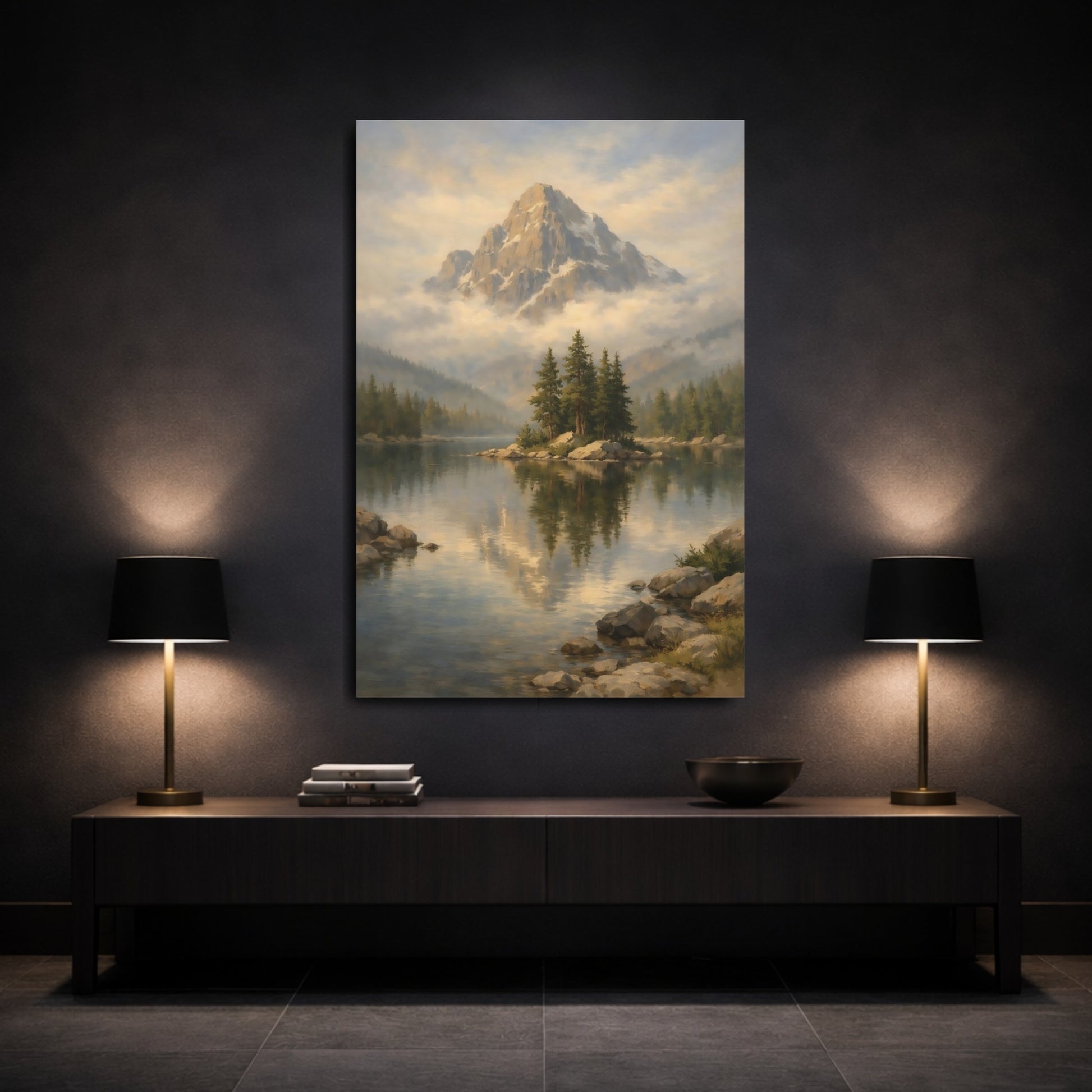 Mockup 2. Nature Mountain Lake Misty Mountain Lake shown as stretched canvas wall art