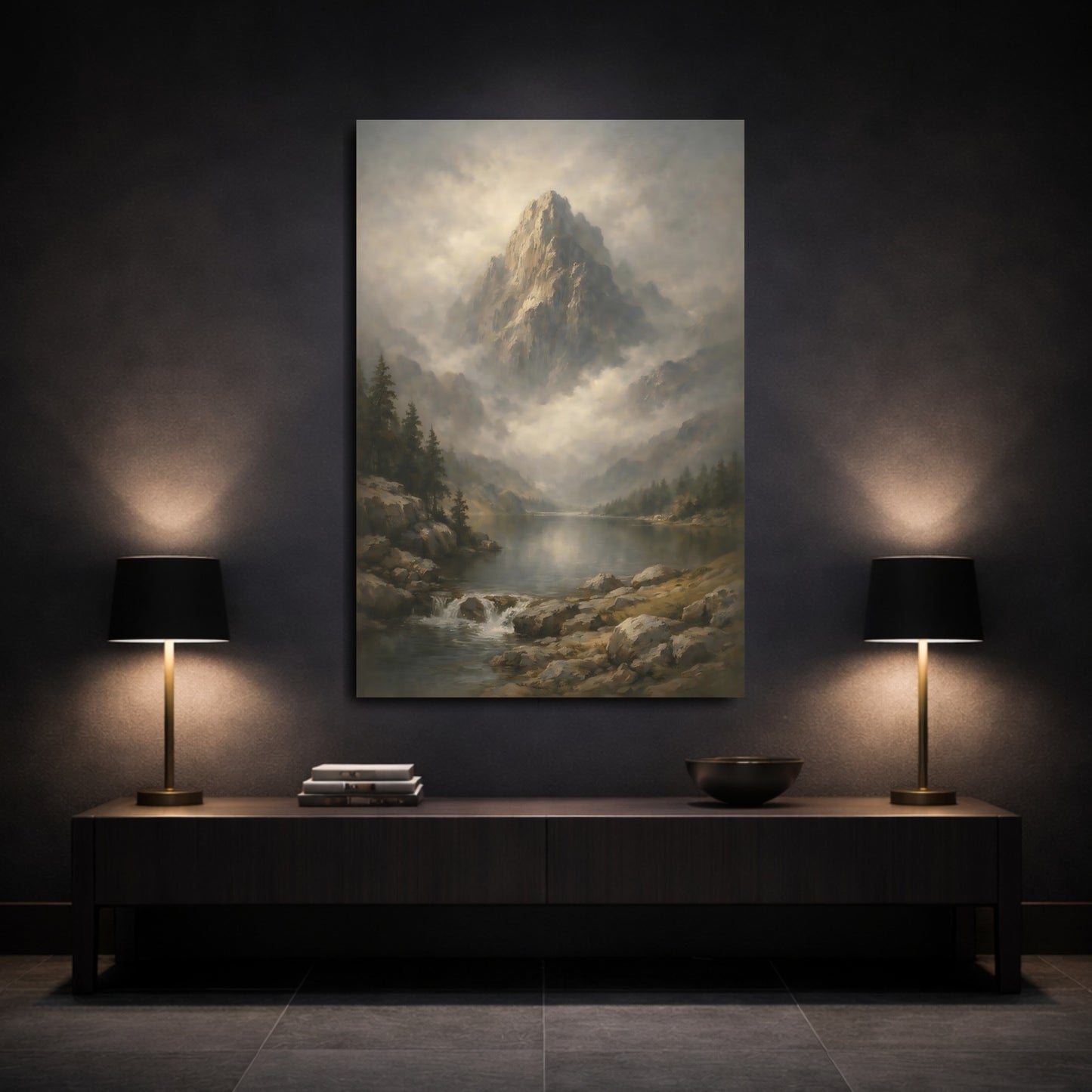 Mockup 2. Nature Mountain Lake Misty Mountain Lake shown as stretched canvas wall art