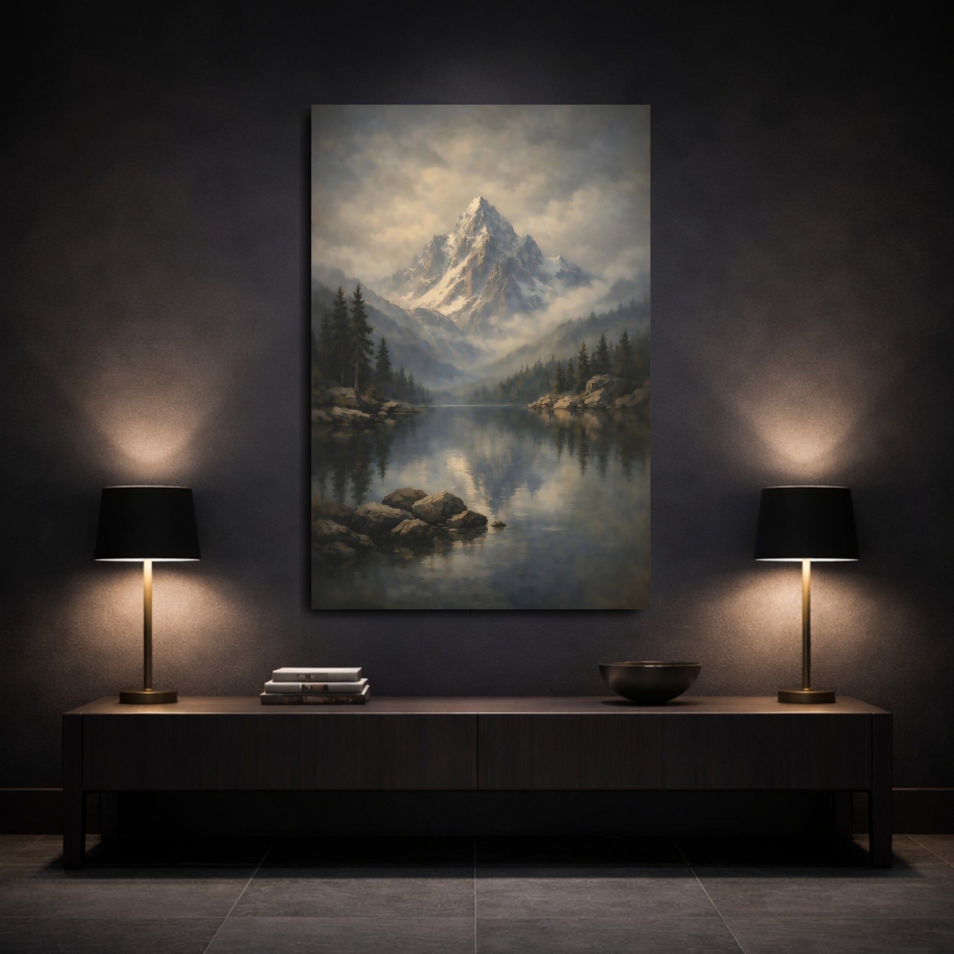 Mockup 2. Nature Mountain Lake Misty Mountain Lake shown as stretched canvas wall art