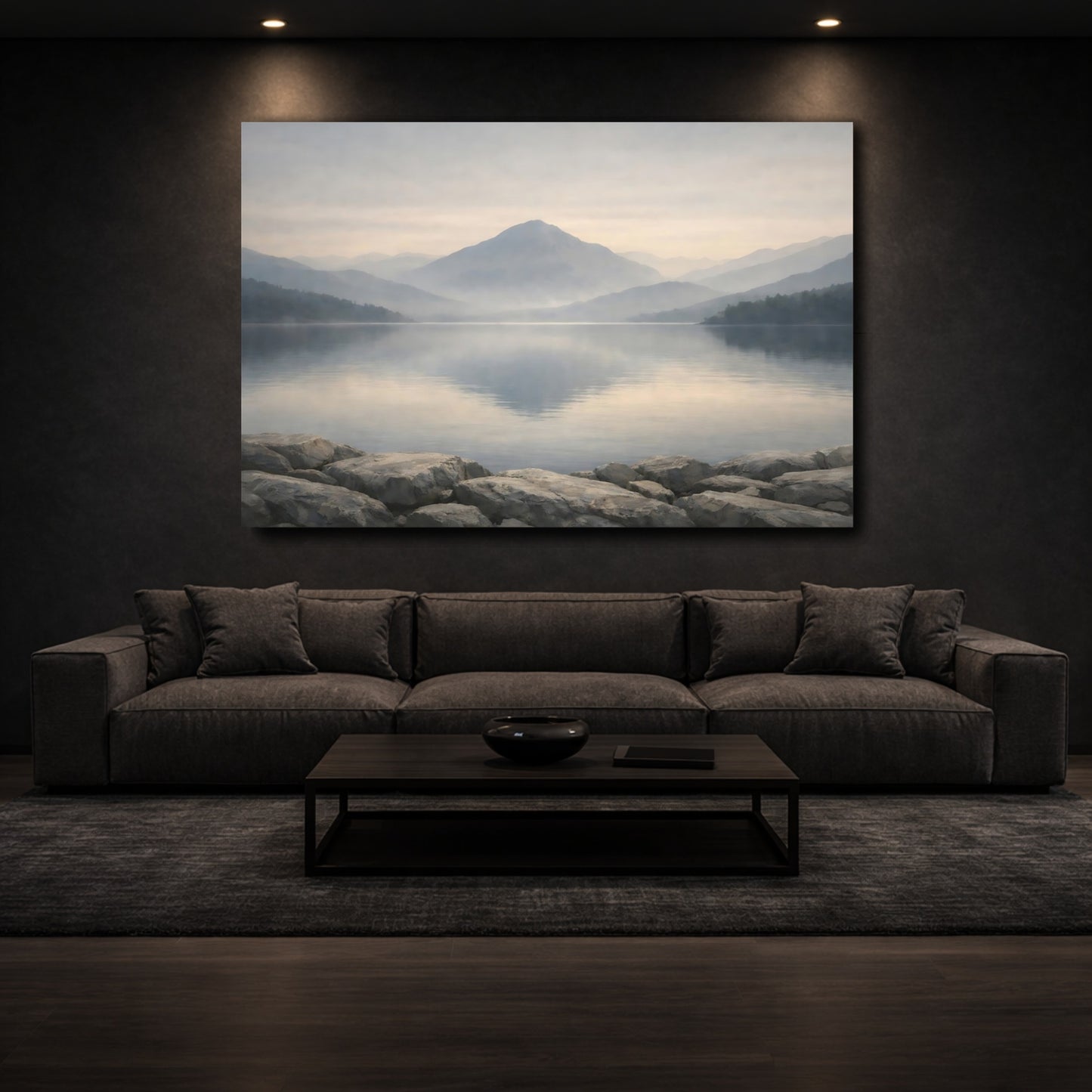 Mockup 2. Nature Mountain Lake Misty Mountain Lake shown as stretched canvas wall art
