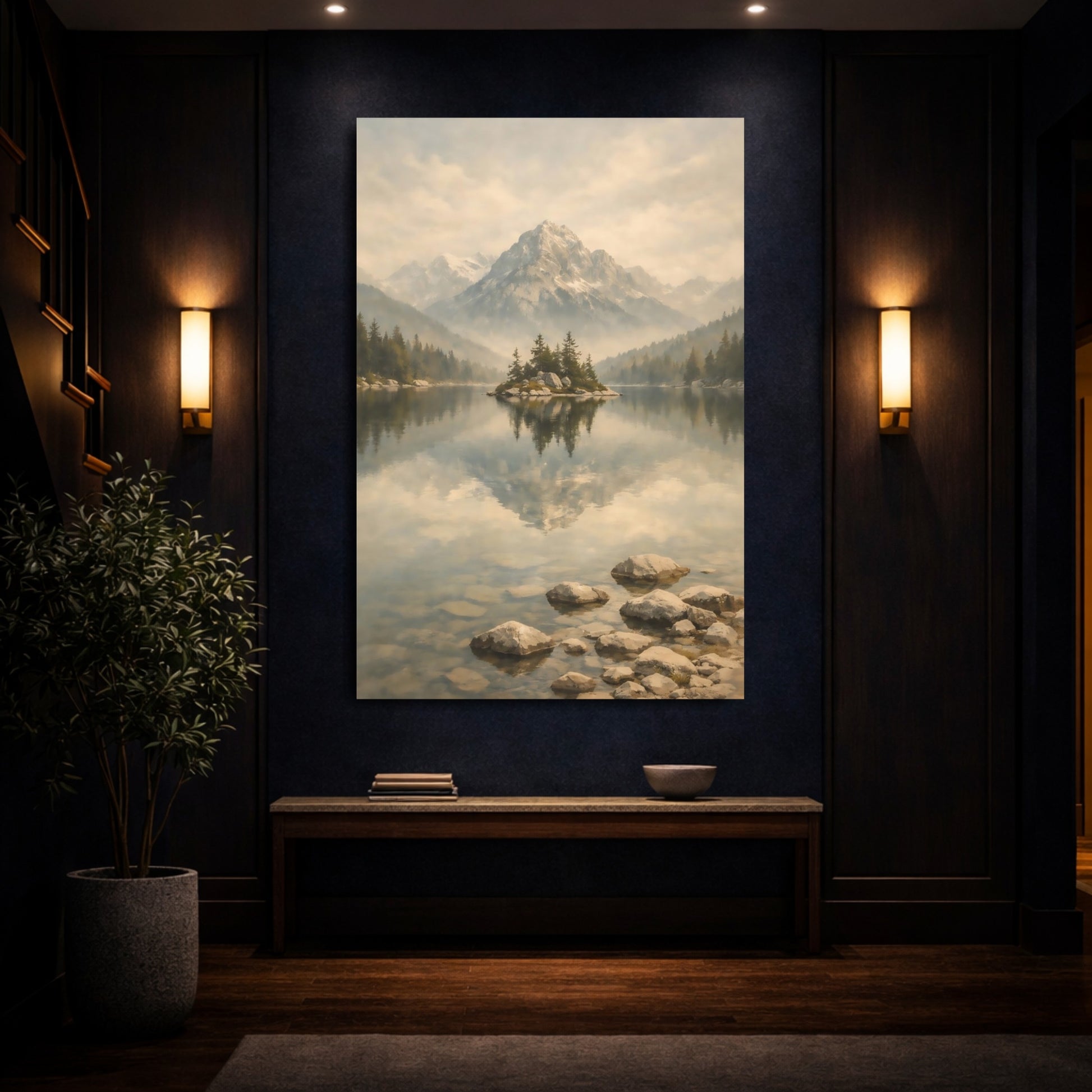 Nature Mountain Lake Misty Mountain Lake shown as front canvas room wall art
