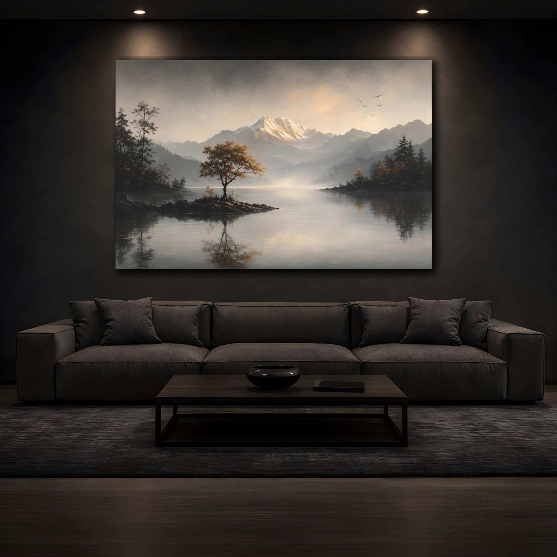 Mockup 3. Nature Mountain Lake Misty Mountain Lake shown as stretched canvas wall art