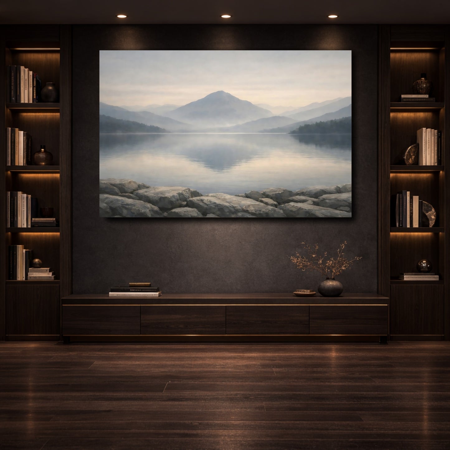 Mockup 3. Nature Mountain Lake Misty Mountain Lake shown as stretched canvas wall art