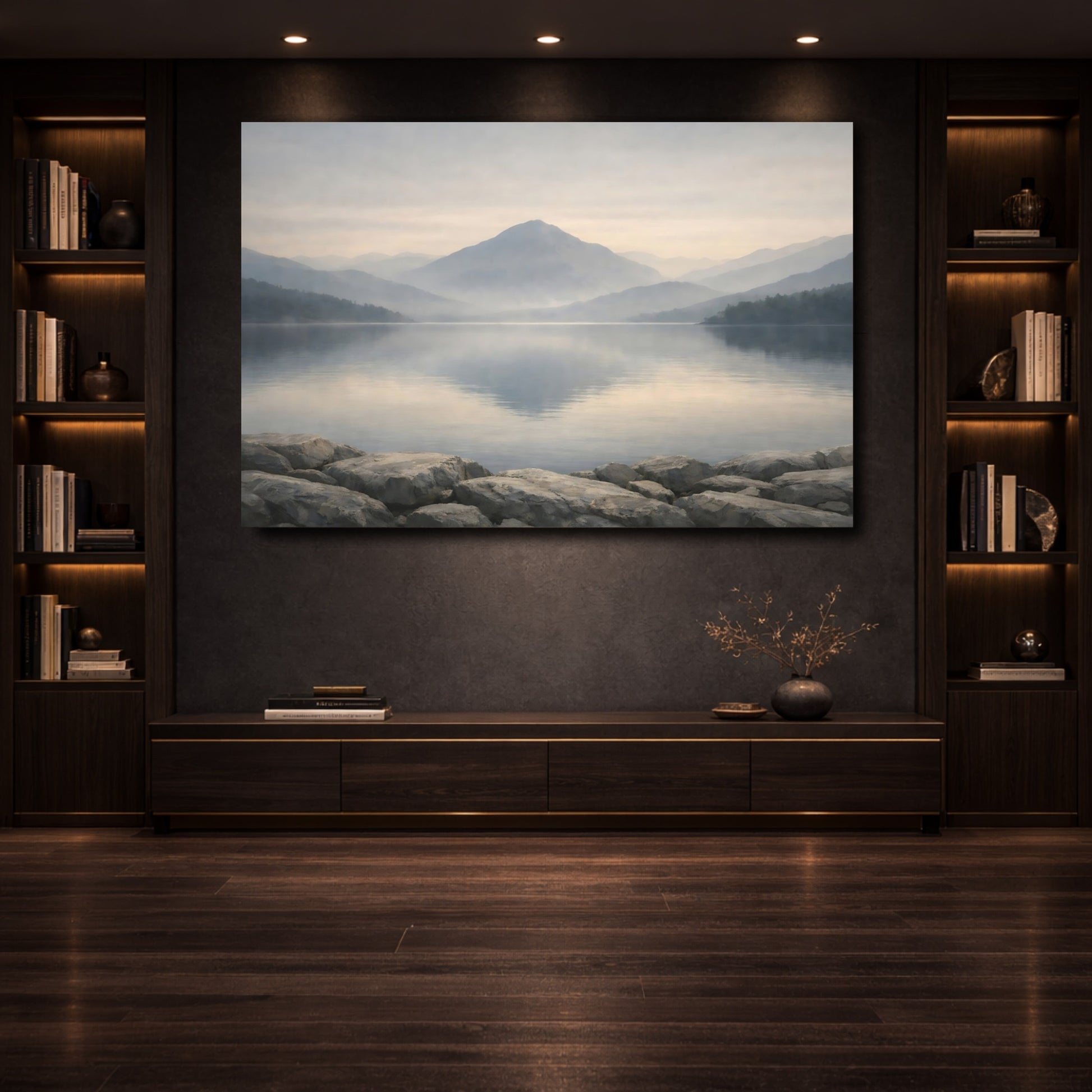 Mockup 3. Nature Mountain Lake Misty Mountain Lake shown as stretched canvas wall art