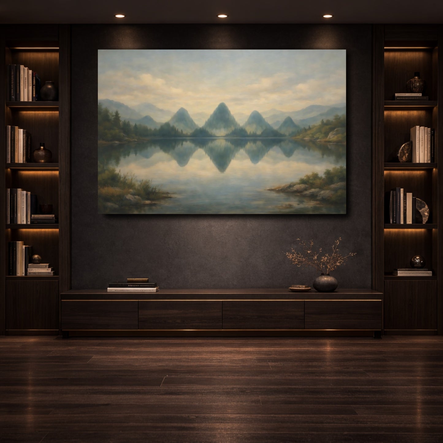 Mockup 3. Nature Mountain Lake Misty Mountain Lake shown as stretched canvas wall art