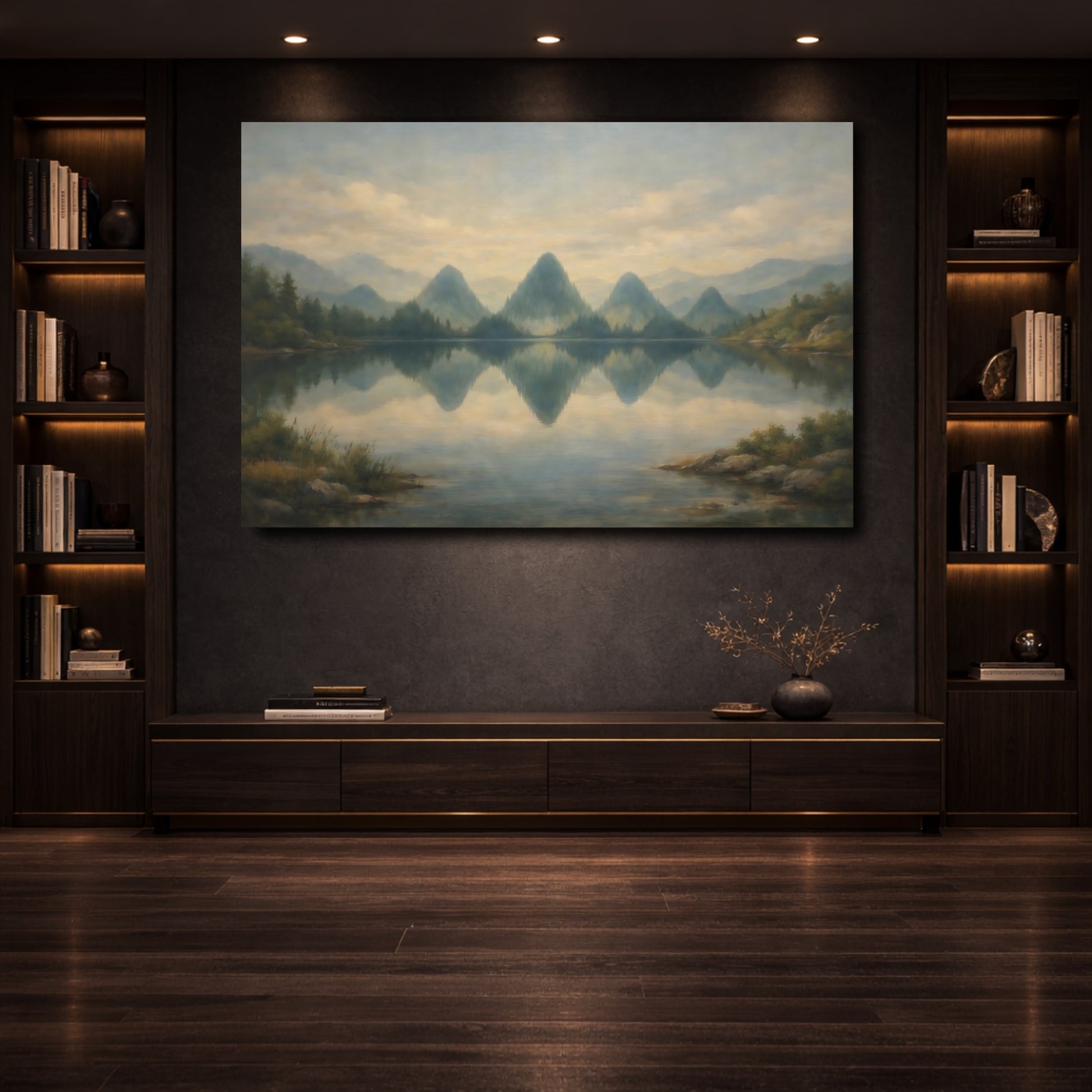 Mockup 3. Nature Mountain Lake Misty Mountain Lake shown as stretched canvas wall art