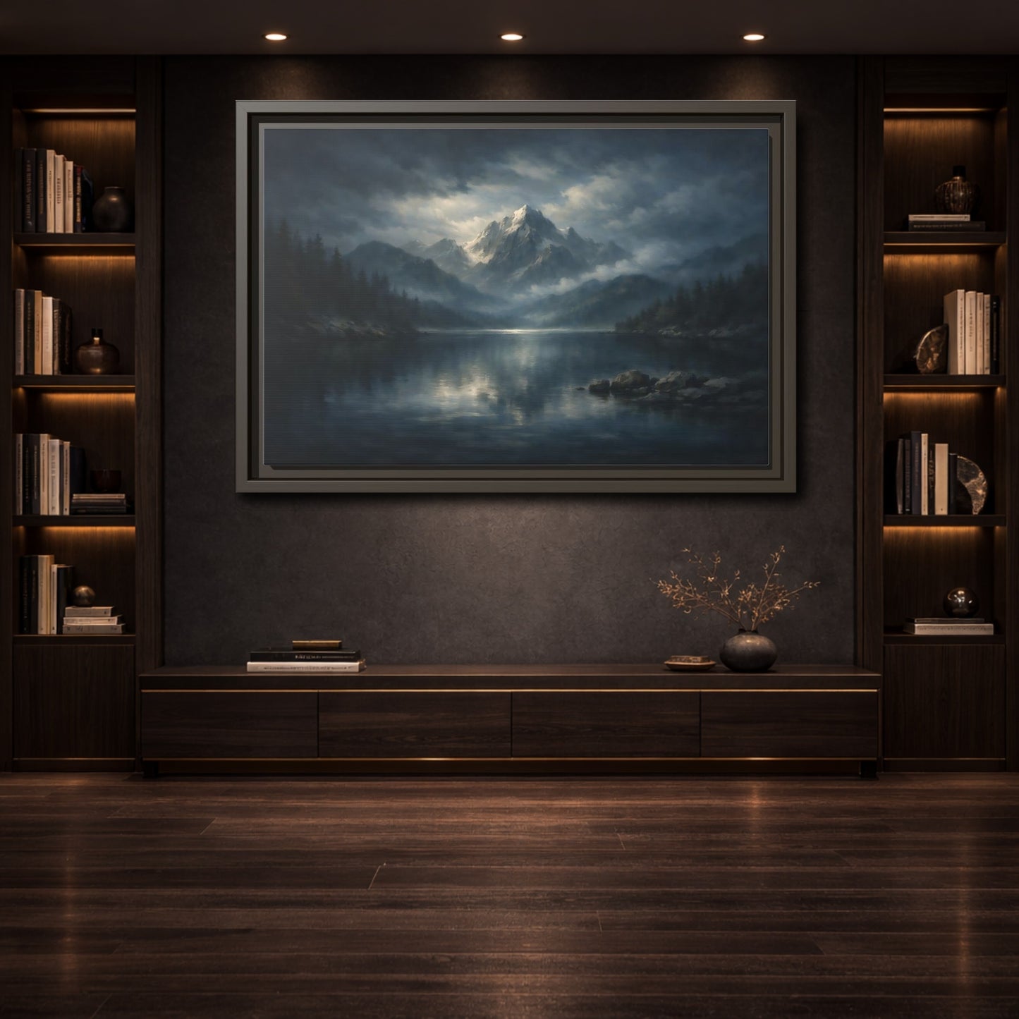 Mockup 3. Nature Mountain Lake Misty Mountain Lake shown as stretched canvas wall art
