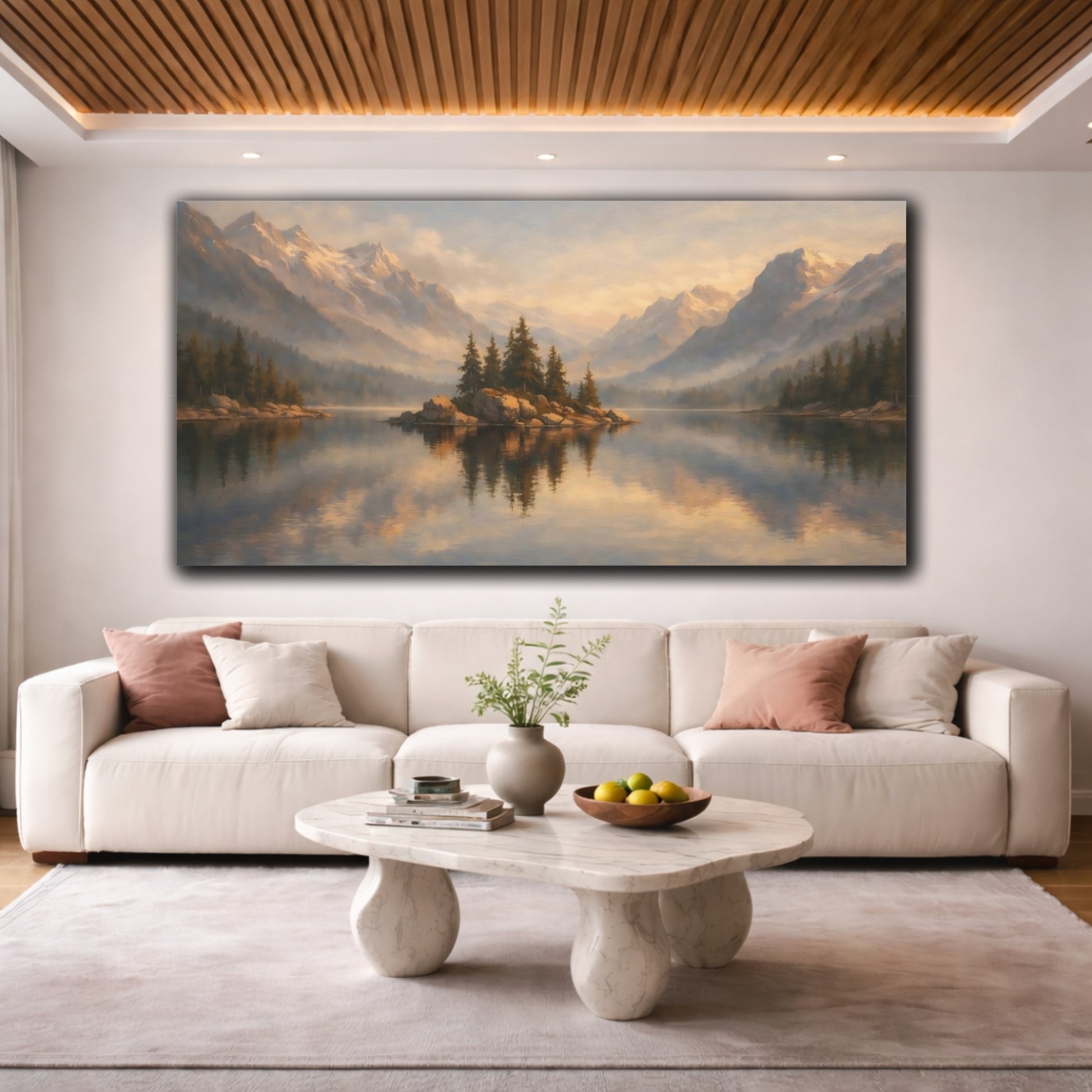 Mockup 3. Nature Mountain Lake Misty Mountain Lake shown as stretched canvas wall art