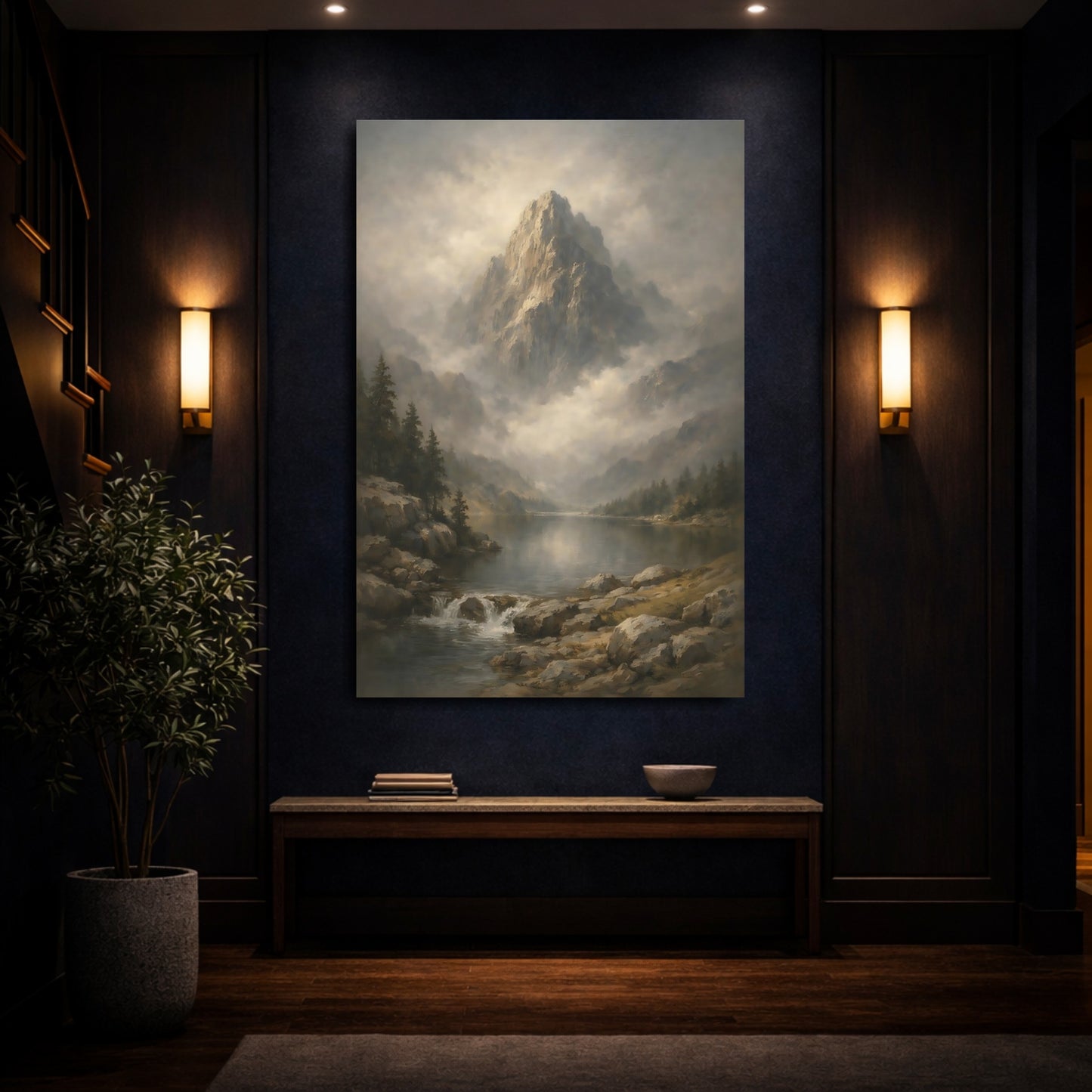 Mockup 3. Nature Mountain Lake Misty Mountain Lake shown as stretched canvas wall art